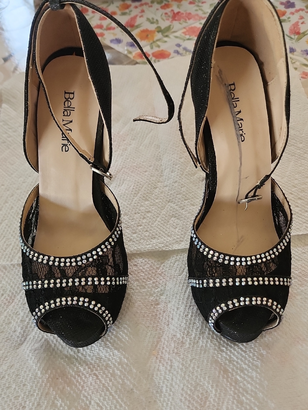 Bella Marie Black Lace Peep-Toe Heels with Crystal Straps
